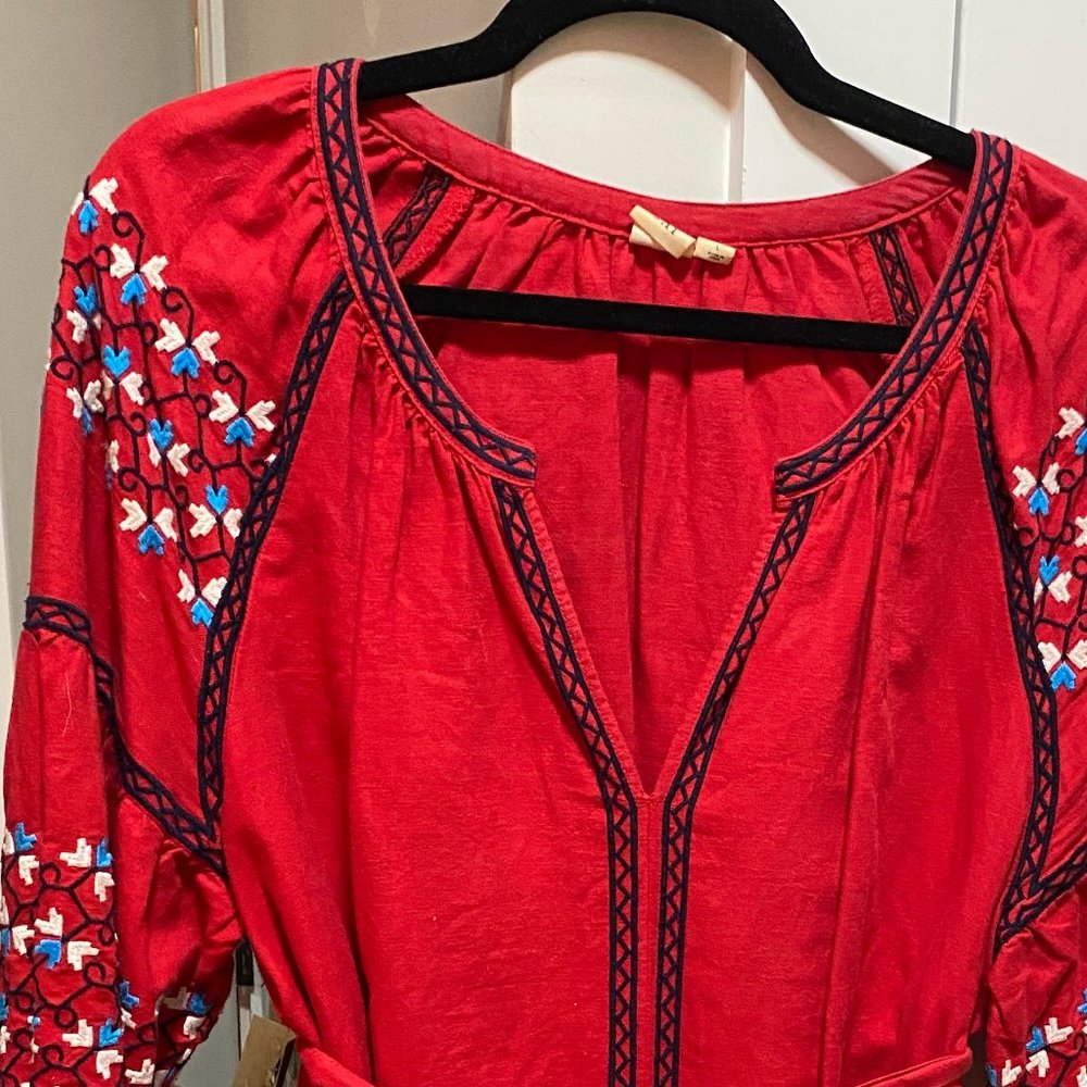 GAP Red Long Sleeve Dress with Blue Embroidery